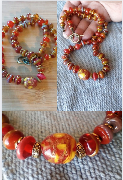 Collage of 3 images of a handmade lampwork glass bead necklace in shades of transparent red and gold.