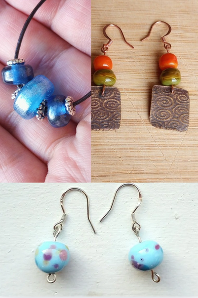 Collage of 3 images of handmade lampwork glass bead jewelry, including 2 pair of earrings and a simple necklace, in a range of different colors.