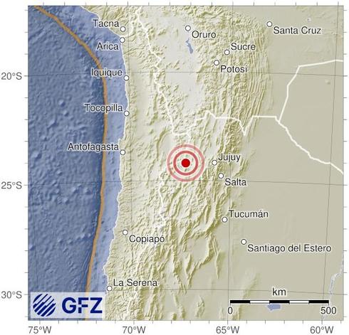 Map showing the earthquake of 2025-10-08 in Chile-Argentina Border Region