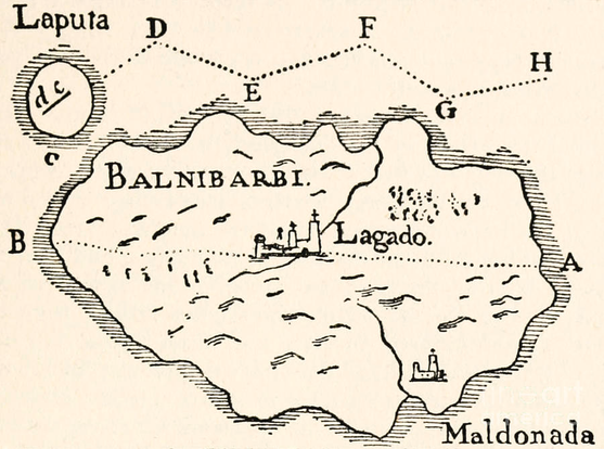 A map of the island of Balnibarbi, from "Gulliver's Travels" by Jonathan Swift.