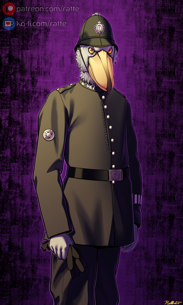 A male anthropomorphic shoebill stork dressed in a 1920s British constabulary outfit.