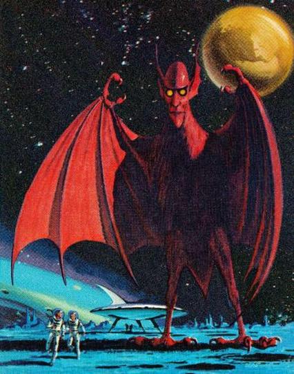 in this image two astronauts in space suits are running toward us away from a creature that takes up most of the image, a several story tall, red, bat-like creature with a face like a man and big ears like a bat.  it is standing on clawed feet and raising its clawed bat wings.  Beyond this we see the surface of an apparently lifeless, rocky, non-earth planet and their spaceship on its landing gear.  Above we see the stars and a moon.