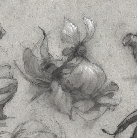 Pencil drawing of a flower with two small and one big pedal leafs.