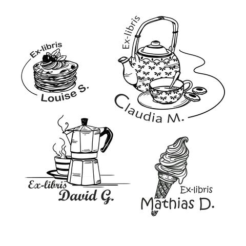Suite des illustrations d'ex-libris à personnaliser aux motifs gourmands, pancakes, théière avec tasse et biscuits, cafetière italienne avec tasse au café chaud, cornet de glace à l'italienne. Dessins en noir et blanc.
