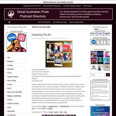 Queering The Air
Screenshot of the podcast listing on the Great Australian Pods website
