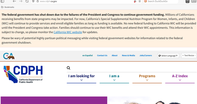 screen shot of state of California Department of Public Health advising about the federal government shutdown, ending the notice with
"Please be wary of potential highly partisan political messaging while visiting federal government websites for information related to the federal government shutdown."