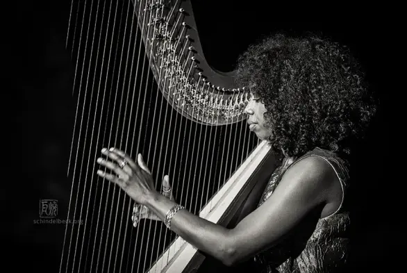 Brandee Younger an der Harfe. Schwarzweissfoto von Frank Schindelbeck Jazzfotografie
