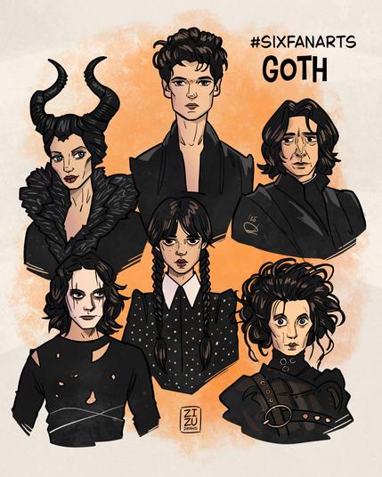 Illustration of six famous characters from movies and TV shows: Maleficent, Dream (Sandman), Severus Snape (Harry Potter), The Crow, Wednesday, Edward Scissorhands; drawn by zizudraws
