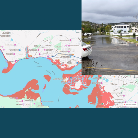 Graphic showing flood risks for Knysna South Africa with a photo of tidal street flooding on October 7th