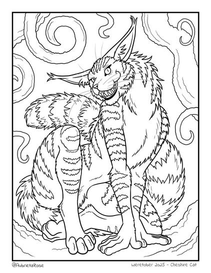 Line art illustration of an anthro Cheshire cat posing and grinning at the viewer. The background is of twisty, abstract wood branches and vines.
