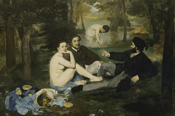The 1863 Paris Salon rejected Édouard Manet's Le Déjeuner sur l'Herbe, or The Luncheon on the Grass. Public domain via Wikimedia Commons