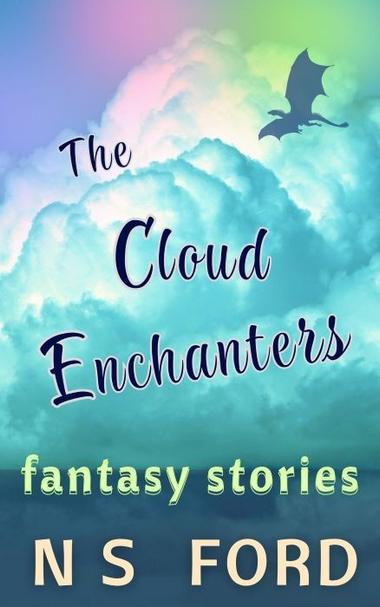 Book cover for The Cloud Enchanters shows green, blue and pink pastel coloured cloudy sky with a dragon silhouette in upper right corner.