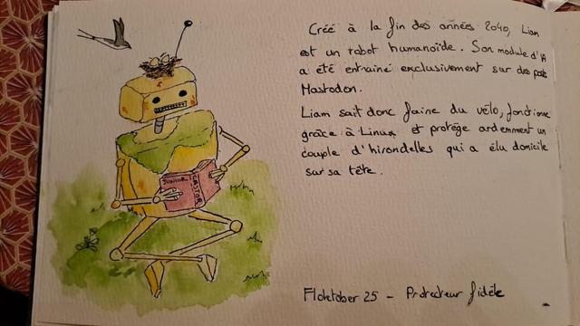 Robot jaune avec un collier de mousse, un nid sur sa tête. il est en tailleur en train de lire le manuel des castors juniors et une hirondelle arrive sur sa tête. 

Le tout est dessine à l'aquarelle et le texte du toot est écrit a côté.
