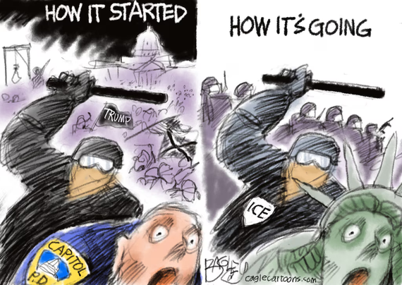 cartoon with 2 panels-
the first shows a Jan 6 rioter wielding a baton and abot to strike a Capitol policeman
the second show the same rioter with ICE ID wielding the baton and about to strike Lady Liberty