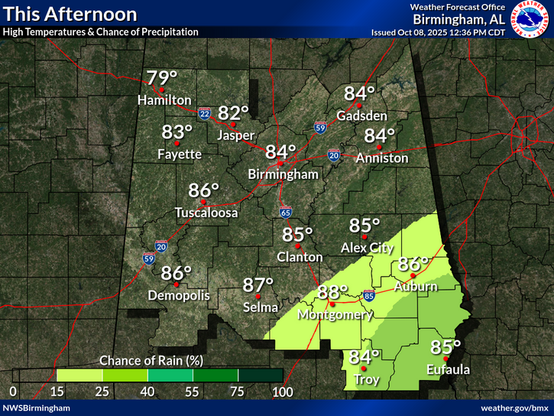 A cold front is passing through the area. Highs will be in the upper 70s to low 80s north and mid 80s south. Isolated to scattered showers will be possible in the southeast this afternoon.