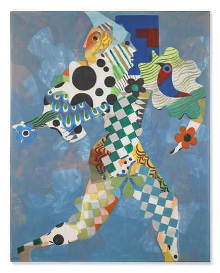 An abstract depiction of a Harlequin with two faces in profile. Very colorful and patterned. On one arm we see a bird, perhaps a parrot.