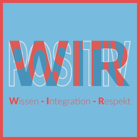 Quadratische Kachel, hellblauer Hintergrund mit rotem Rahmen. Darin stehen sehr groß die Wörter "wir" und "positiv" in Versalien, sie sind aber mit irgendwelchen Filtereffekten übereinander gelegt und auch für Sehende ziemlich schwer zu lesen. Darunter steht "Wissen - Integration - Respekt" in Rot mit hervorgehobenen Anfangsbuchstaben.