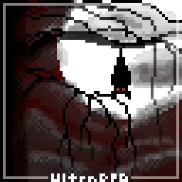 Pixel art of a bat hanging from a tree branch. The moon sits in a red cloudy sky.