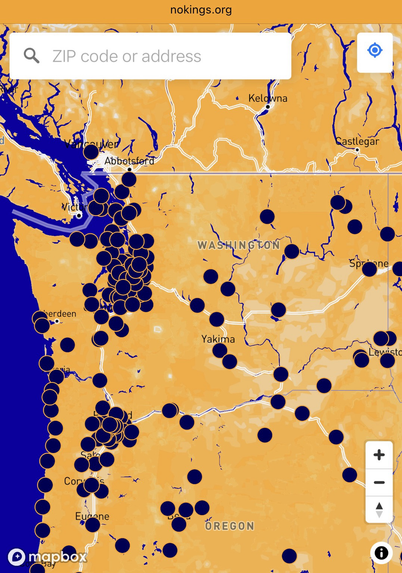 Map showing locations of the “No Kings 2.0” protests to be held in Washington State on Saturday, October 18th, 2025.