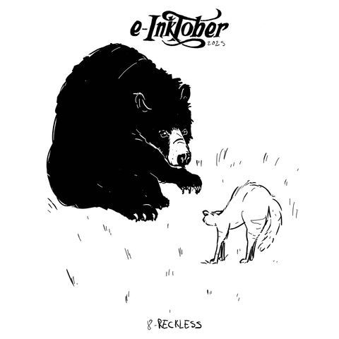 A black and white drawing of a threatening cat in front of a calm black bear.