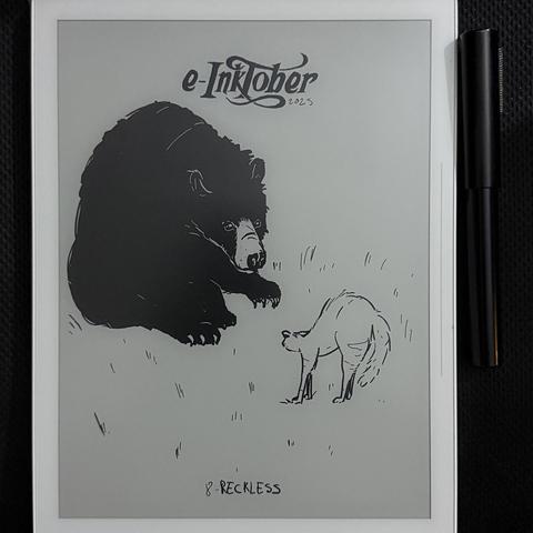 A photo of the same black and white drawing of a threatening cat in front of a calm black bear, on the e-ink tablet it was drawn.