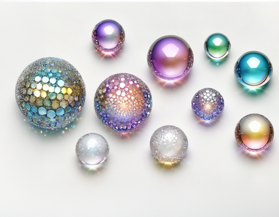 A collection of reflective colorful disco balls, with iridescent sparkles, some with mirror and mosaic effects, refracting light onto a white surface.