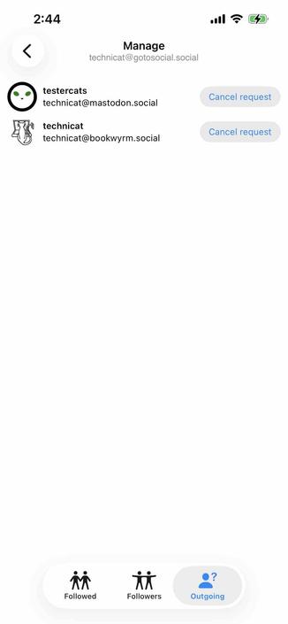 screenshot of a follow manager showing outgoing pending requests with cancel buttons