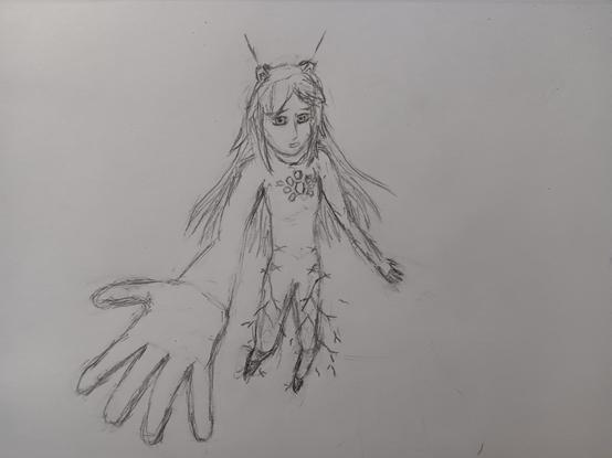 sketch of what I picture ayre from armored core 6 looking like 
she has a hand outstretched to the viewer and is wearing a suit that has the face of her mech on the chest 
she has long hair that drifts in all directions and the little ear things from her mech on her head