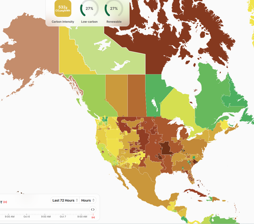 Showing a map of North America separated by electrical grids, ranging in colours from dark brown to bright green, corresponding to intensity of CO2 emissions.