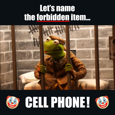 Meme: picture shows kermit the frog in jail behind bars. Text: Let's name the forbidden item… CELL PHONE!