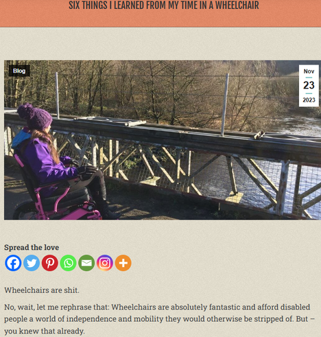 Six things I learned from my time in a wheelchair
Nov232023
Blog
Spread the love

Photo of a woman in a wheelchair on a bridge overlooking a river or something similar

Wheelchairs are shit.

No, wait, let me rephrase that: Wheelchairs are absolutely fantastic and afford disabled people a world of independence and mobility they would otherwise be stripped of. But – you knew that already.