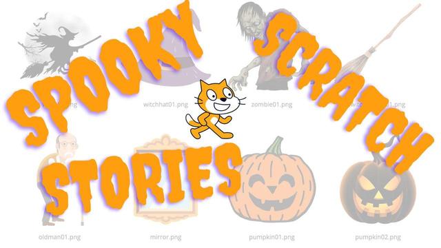 A Halloween-themed graphic titled “Spooky Scratch Stories.” The words “Spooky Scratch Stories” appear in large, jagged orange letters with a purple shadow effect, giving a spooky, playful vibe. The Scratch cat mascot is centered between the words, appearing cheerful and energetic. Behind the text are faded Halloween icons, including a witch flying on a broom, a purple witch hat, a zombie, a mirror, a pumpkin, a jack-o’-lantern, and an old man illustration. The overall design has a festive, lighthearted Halloween feel, combining coding fun with spooky storytelling.