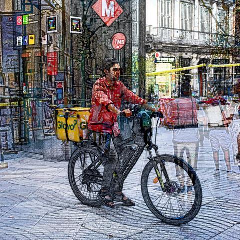 Barcelona digital edited double exposure street photography, made with the GNU Image Manipulation Program.