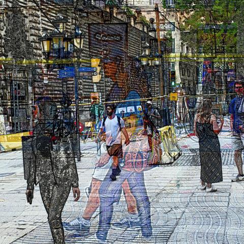 Barcelona digital edited double exposure street photography, made with the GNU Image Manipulation Program.