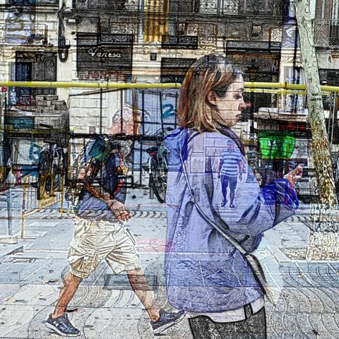 Barcelona digital edited double exposure street photography, made with the GNU Image Manipulation Program.