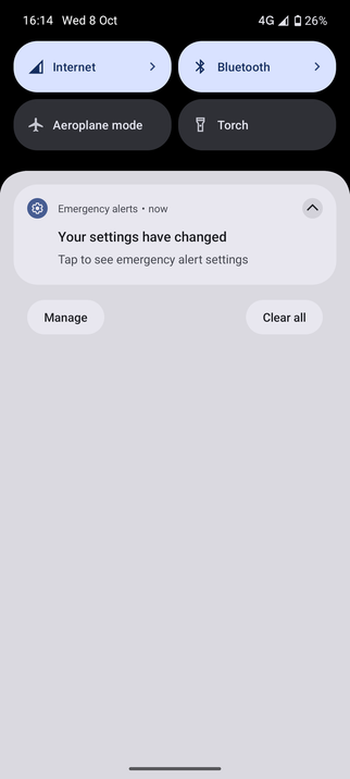Screenshot of a Pixel GrapheneOS with 'Your setttings have changed' Tap to see emergency alert settings