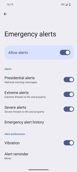Emergency alerts page in GrapheneOS settings showing that Alert settings are no longer greyed out to Allow but are now configurable and various alerts such as 'Presidential alerts' can be switched off.