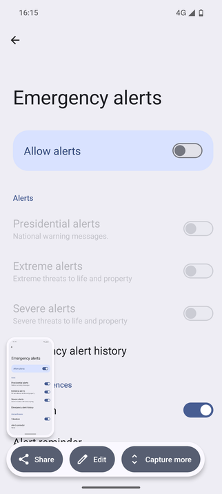 Screenshot of Pixel phone running GrapheneOS showing 'Allow alerts' has been switched off.