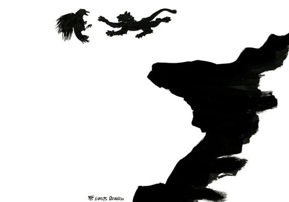 A cat recklessly chases a bird off a cliff