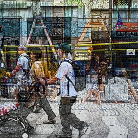Barcelona digital edited double exposure street photography, made with the GNU Image Manipulation Program.