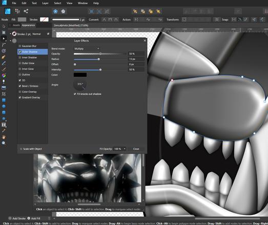 an Affinity Designer workspace with a open vector file of a silver wolf armor facemask design