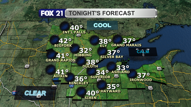 Skies will remain clear over the Northland Wednesday night with a light wind coming from the south.  That will keep low temperatures in the 30s and low 40s.