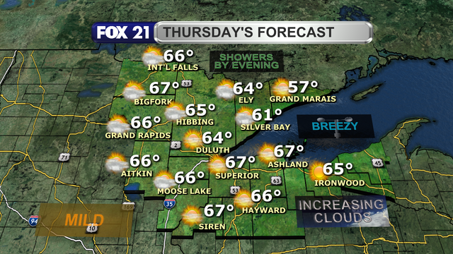 Clouds will increase and winds become breezy over the Northland Thursday. That will help push high temperatures to the 60s.  A developing disturbance will bring isolated showers across the region from west to east starting in the late afternoon.