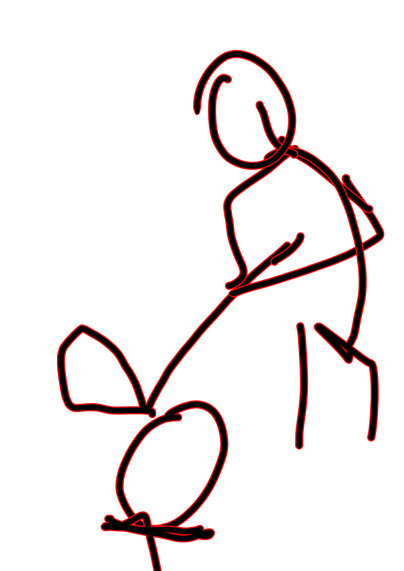 A red line with black outlines man golfing no face giant club and ball. A simple doodle.