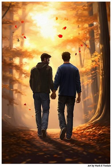 Digital art showing two men holding hands as they walk on a woodland path. The men are mostly in silhouette and there are fall leaves falling around them. The backdrop is hues of gold and orange.