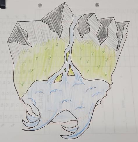 a drawing of a tiny world. on top are giant mountains, with a river flowing down past grassy plains and into a sea at its bottom. tidal waves roll across the south.