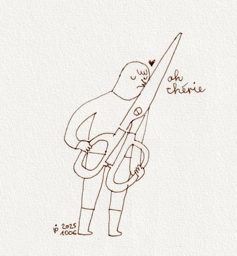 drawing of a person holding a very large pair of scissors by its handles, leaning in and kissing the blades. next to where their lips touch the blades, there is a little heart, and to the left of the blades the words "oh chérie"