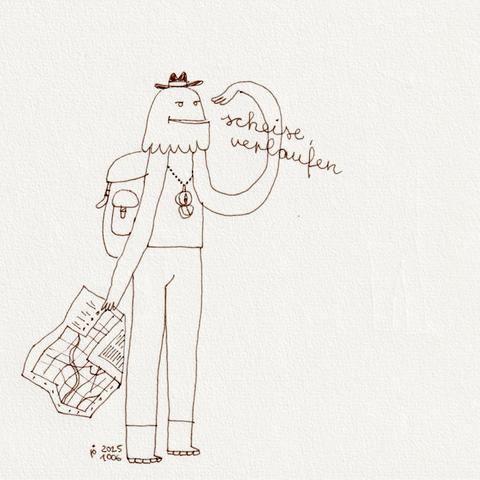 drawing of a person wearing a had and a backpack. their left hand is in front of their face, giving it shadow (which is not visible), the other is stretched down, holding a map. in front of their face and overlaying their left arm there are the words "scheise verlaufen"