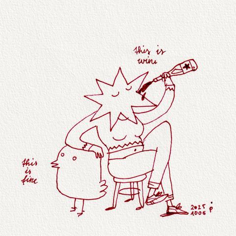 drawing of a person with a star-shaped head, sitting on a stool with crossed legs, leaning on a big small bird. the person is pouring wine into their mouth, above their head, there is the text "this is wine". the big small bird with the person's leaning arm on its head looks blankly away from the person. next to the bird there are the words "this is fine"