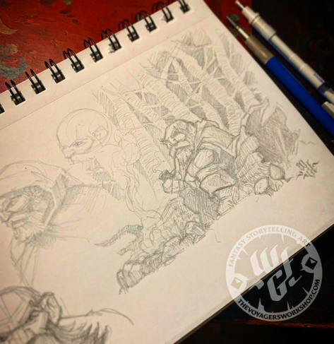 Picture of a sketchbook with a pencil drawing of a dwarf smoking his pipe by the fire in the middle of a forest.